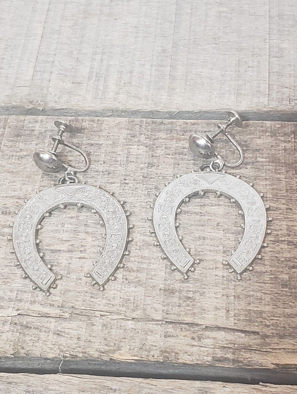 Vintage Large  Silvertone Horseshoe Screw-Back Earrings